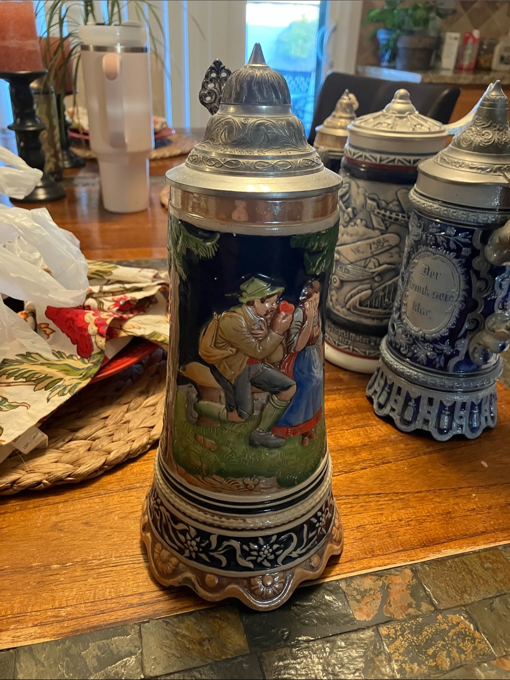 Hand-Painted Ceramic Beer Stein with Pewter Lid - Blue